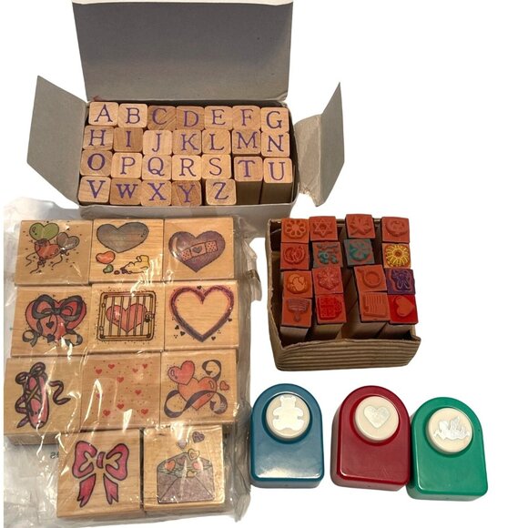 DIY 53 Craft Wooden Rubber Stamps Lot, 3 Decorative Craft Punchers Scrapbooking - Picture 1 of 11